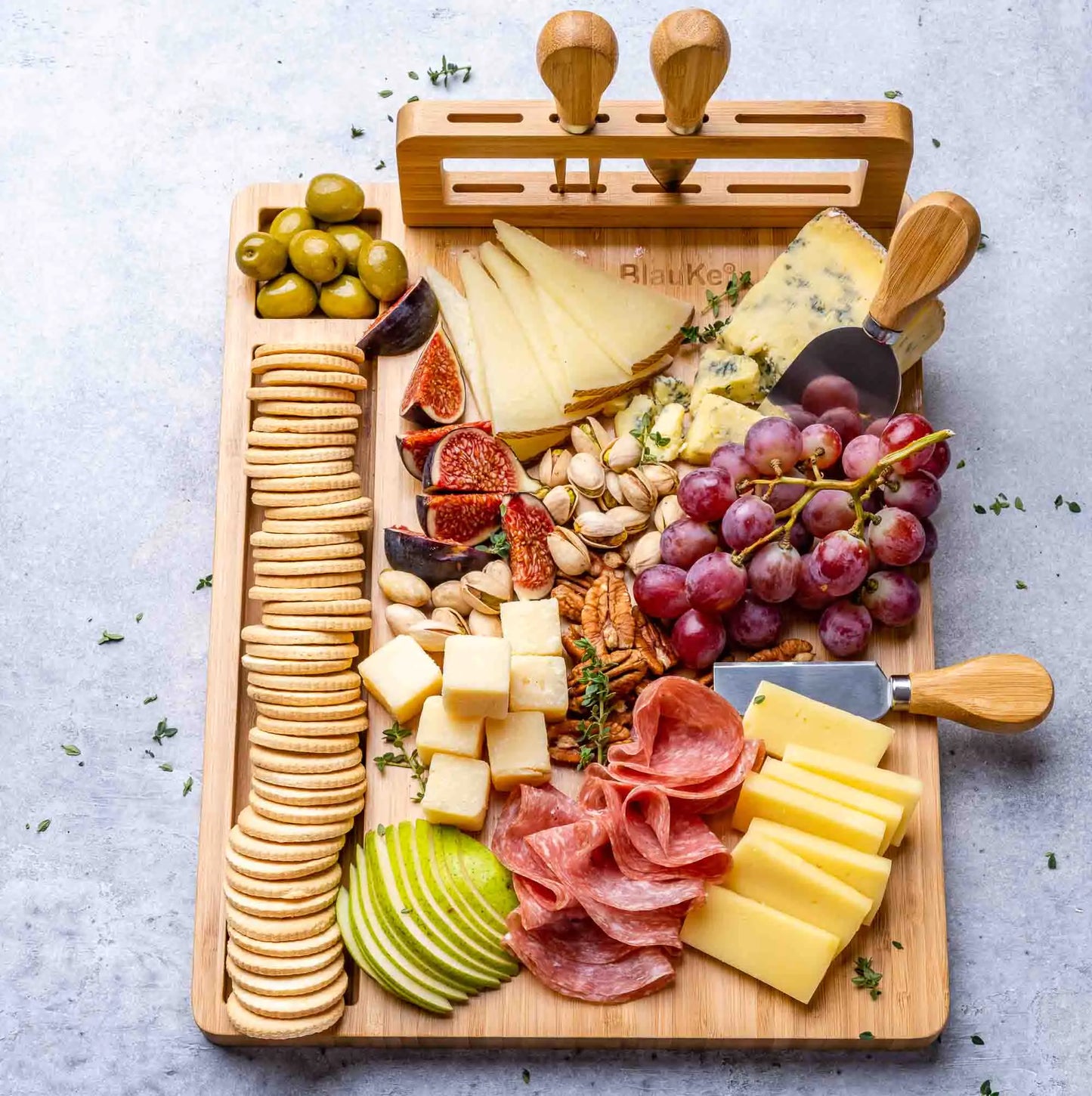 Charcuterie Board and Knife Set - 14x11 inch Charcuterie Board with 4 Cheese Knives - Wood Serving Tray