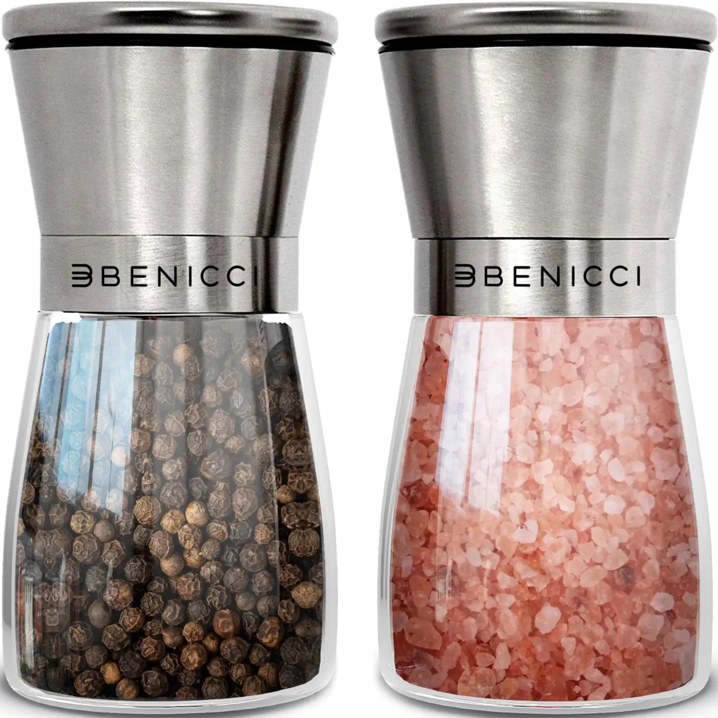 Set of 2 - Pepper Mill & Salt Mill with Adjustable Coarseness - Easy Clean Ceramic Grinders w/ Spoon & Cleaning Brush