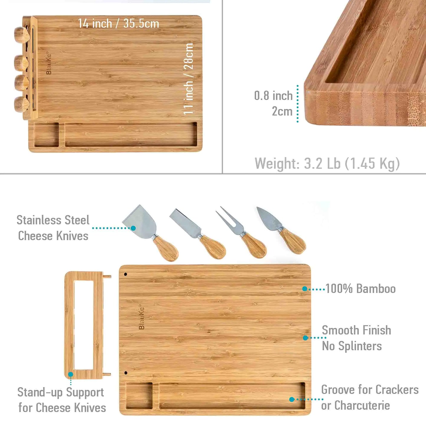 Charcuterie Board and Knife Set - 14x11 inch Charcuterie Board with 4 Cheese Knives - Wood Serving Tray