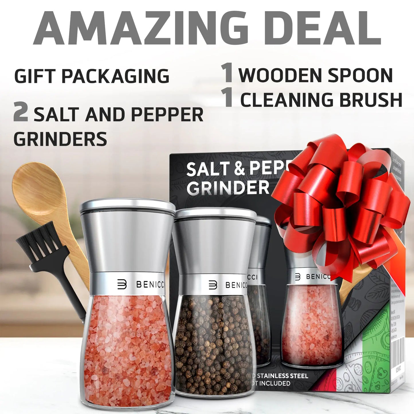 Set of 2 - Pepper Mill & Salt Mill with Adjustable Coarseness - Easy Clean Ceramic Grinders w/ Spoon & Cleaning Brush