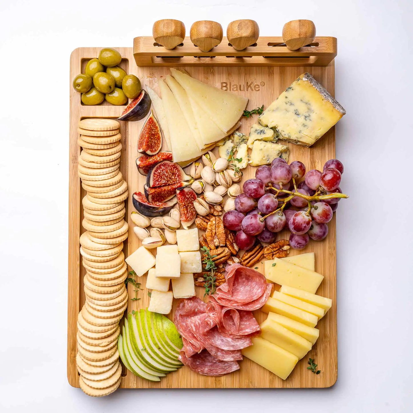 Charcuterie Board and Knife Set - 14x11 inch Charcuterie Board with 4 Cheese Knives - Wood Serving Tray