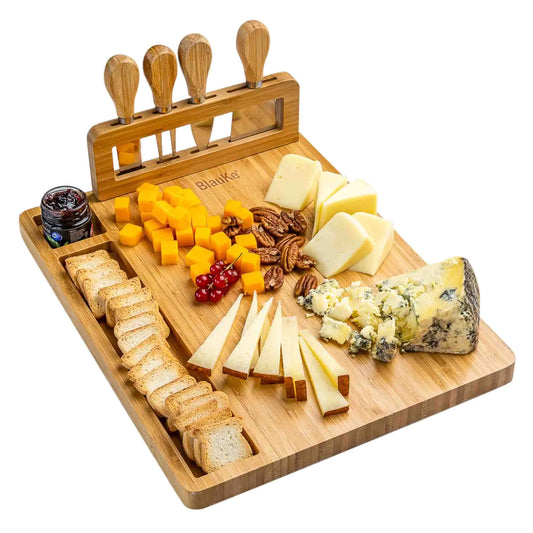 Charcuterie Board and Knife Set - 14x11 inch Charcuterie Board with 4 Cheese Knives - Wood Serving Tray